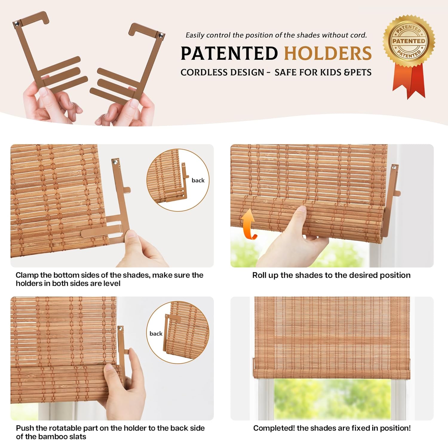 Size 26x70 Color brown LazBlinds No Tools No Drill Bamboo Roller Shades, Cordless Bamboo Blinds, Light Filtering Roll Up Blinds for Windows, French Door, Porch or Patio, 26'' W x 70'' H, Squirrel